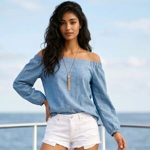 Free People Blue Linen Bow Sleeve Off the Shoulder Chambray Blouse Casual Top